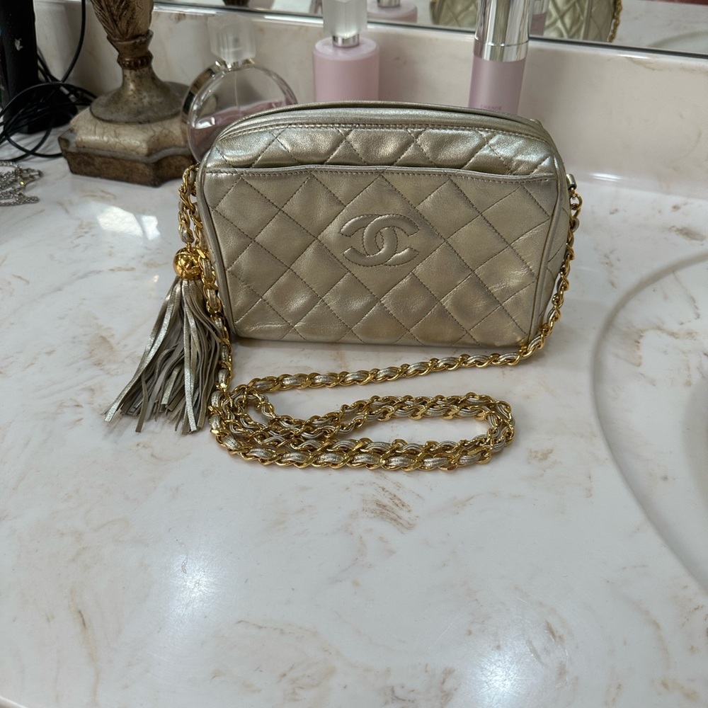 CHANEL Gold Quilted Crossbody Bag with Chain